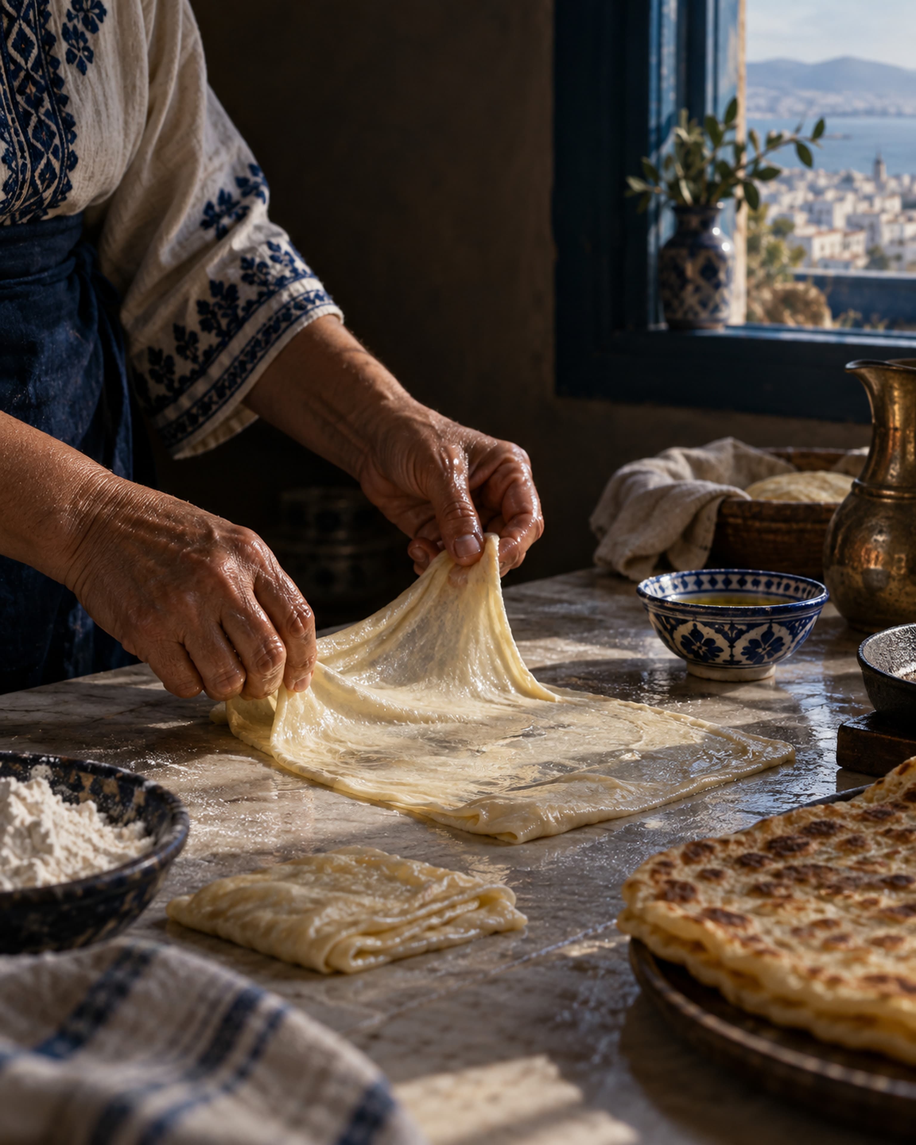 Hands stretching and folding msemen dough