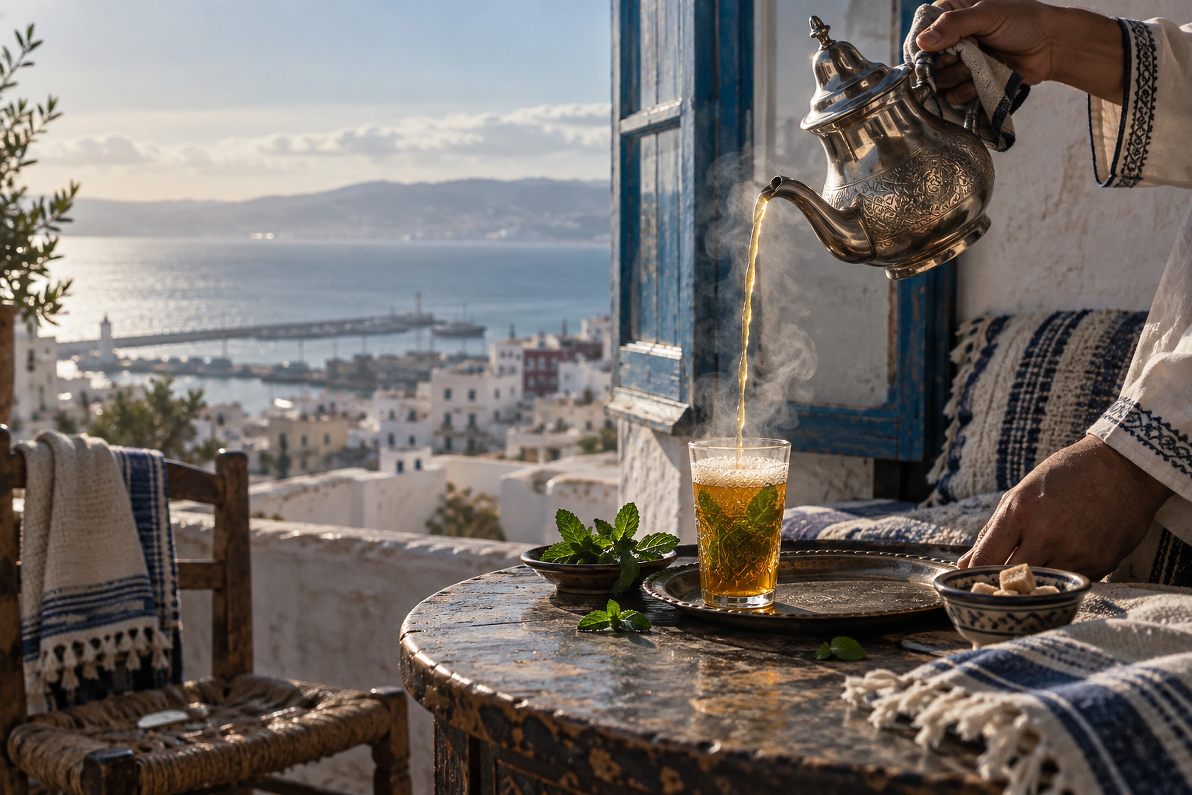 Mint tea poured from high above into a transparent glass